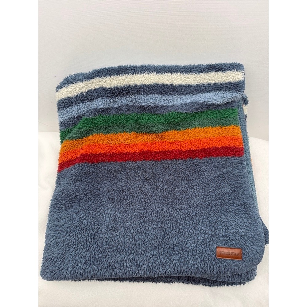Pendleton Sherpa Fleece Blanket Blue Striped 63" x 86" Twin Cabincore Gorpcore